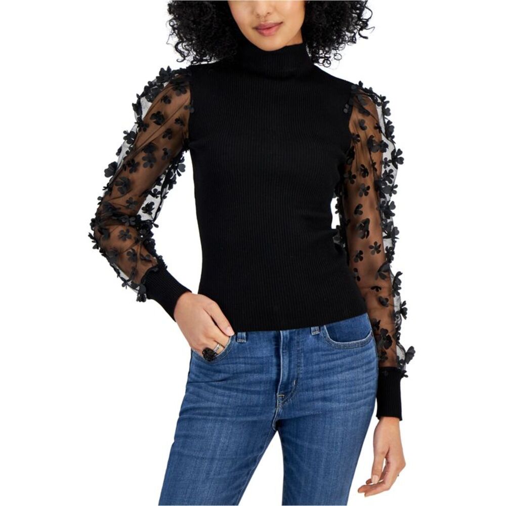 Crave Fame Womens 3D Flowered Shear-Sleeve Pullover Sweater, NWT